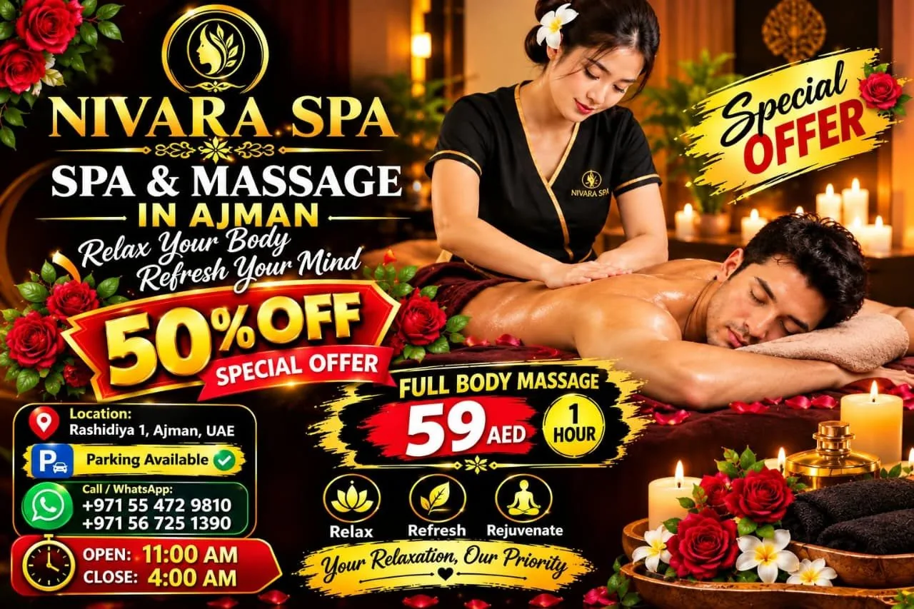NIVARA SPA special offer poster: 50% off full body massage in Ajman for 1 hour, parking available, open 11:00 AM to 4:00 AM