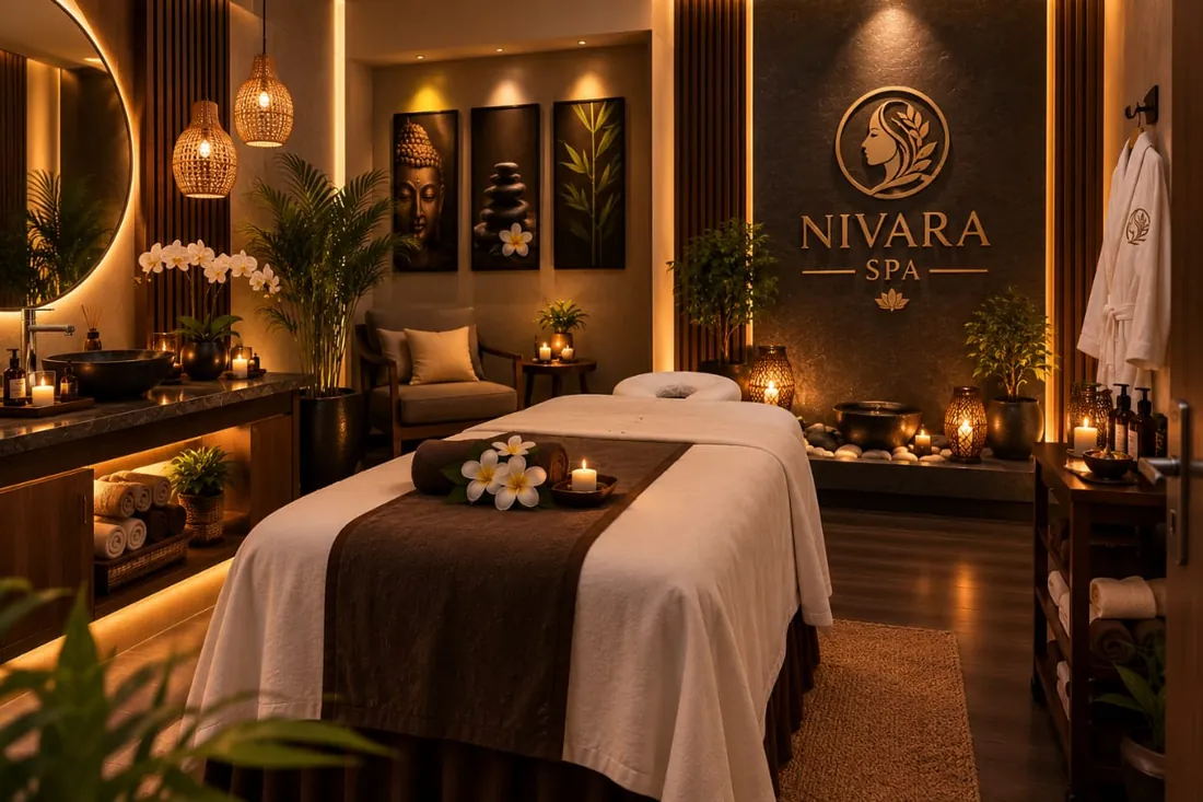 NIVARA SPA treatment room with massage bed, candles and the NIVARA SPA logo on the wall